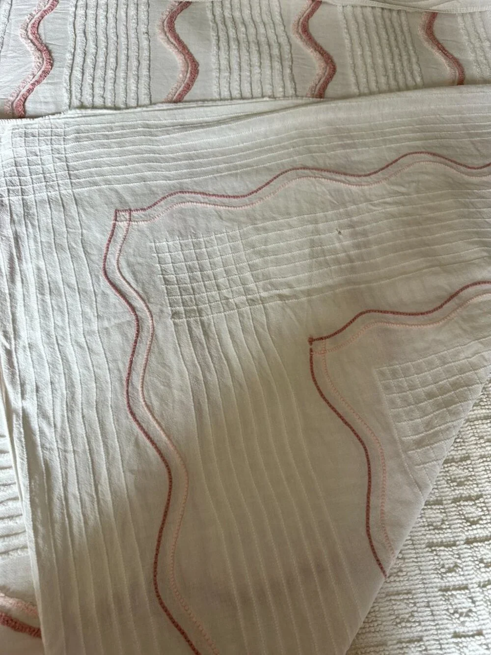 Vintage Chenille Bedspread White Pink Cover 100” x 71